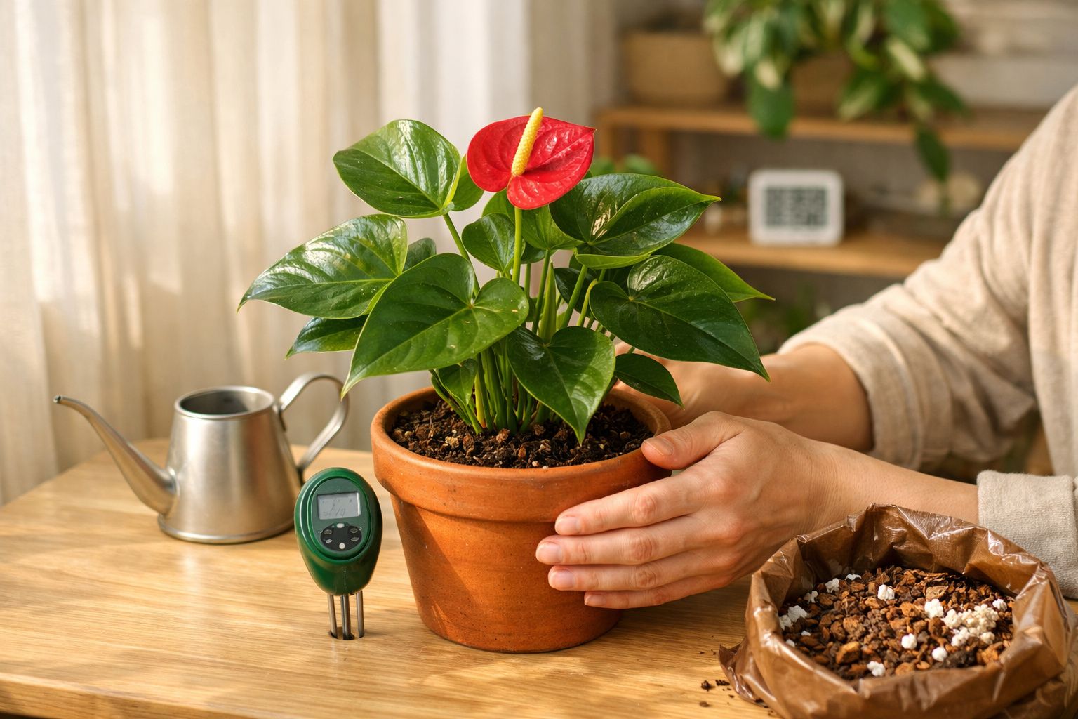 Pessoa cuidando de antúrio em vaso de barro com regador e medidor de umidade sobre a mesa de madeira.
