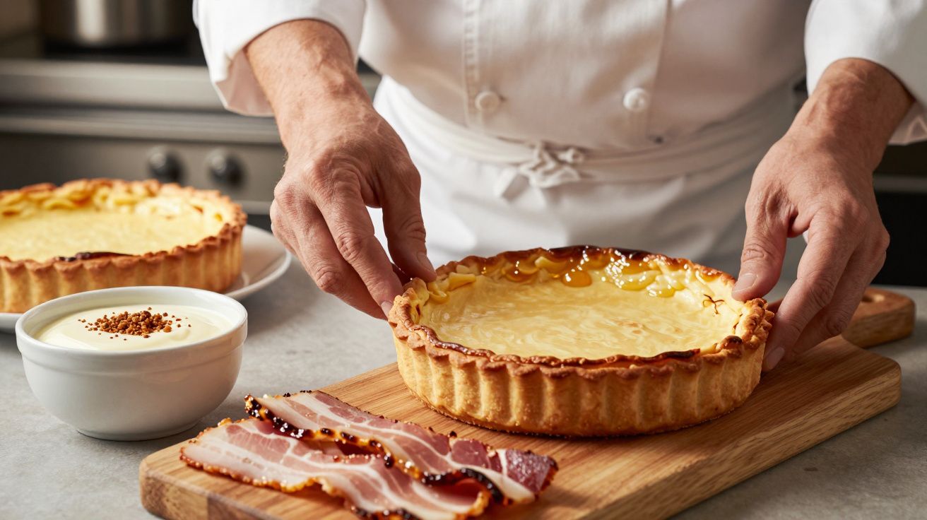 Chef preparando tarte cremosa sobre tábua, com natas e fatias de bacon ao lado.