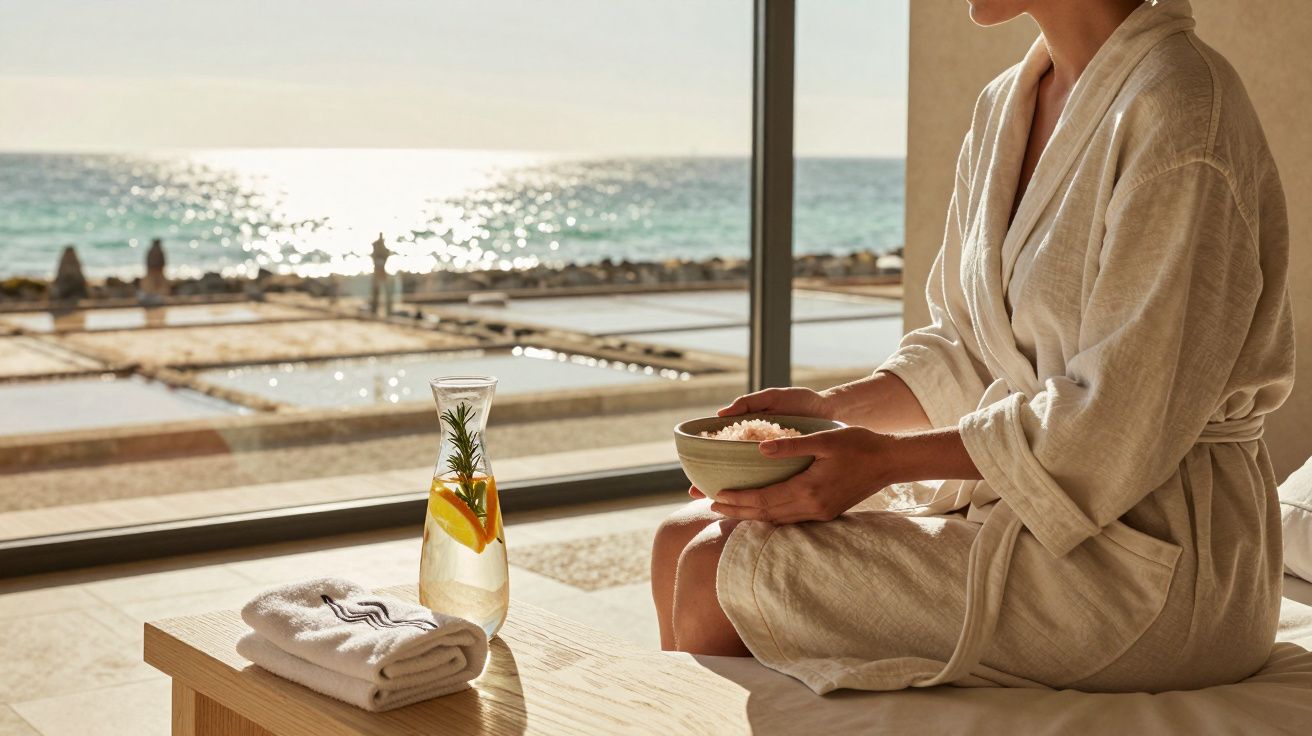 Pessoa em robe relaxa com vista para o mar, segurando uma tigela. Mesa com toalha e jarra com bebida cítrica.