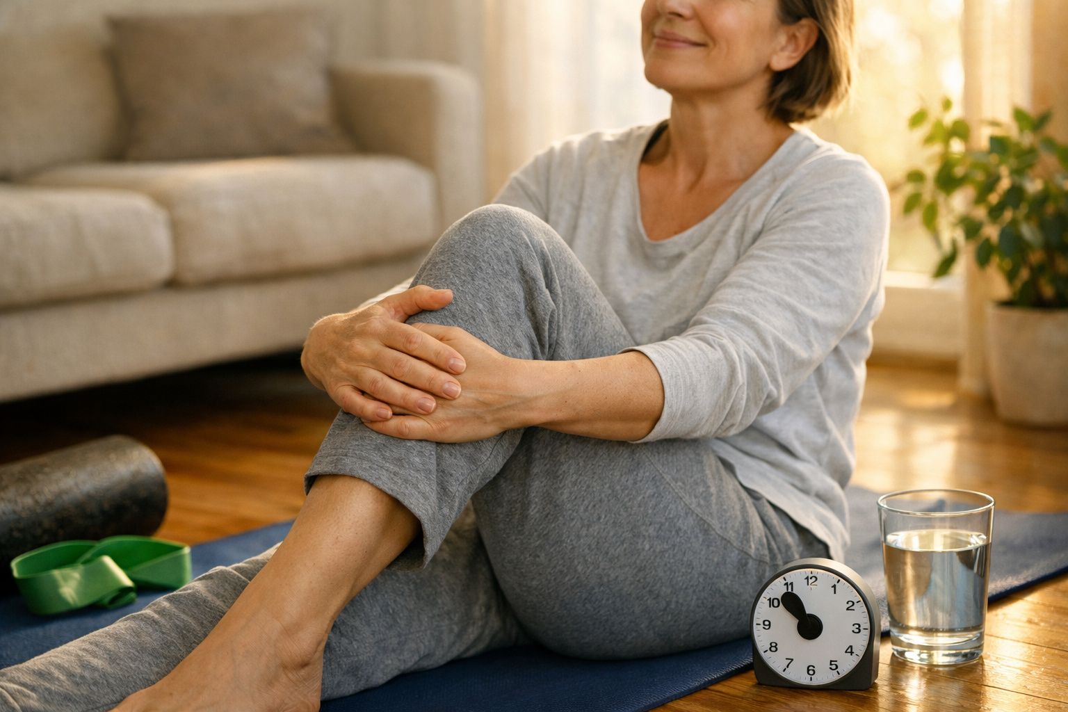 Mulher sentada no tapete de yoga em casa, com roupa de treino, relógio e copo de água ao lado.
