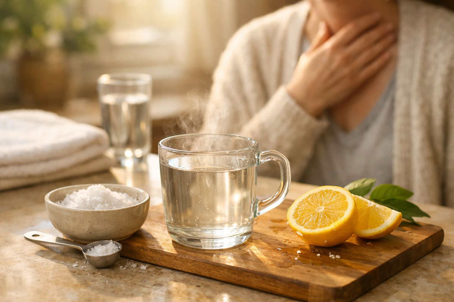 Chá quente com limão e sal numa mesa, com pessoa ao fundo segurando a garganta.