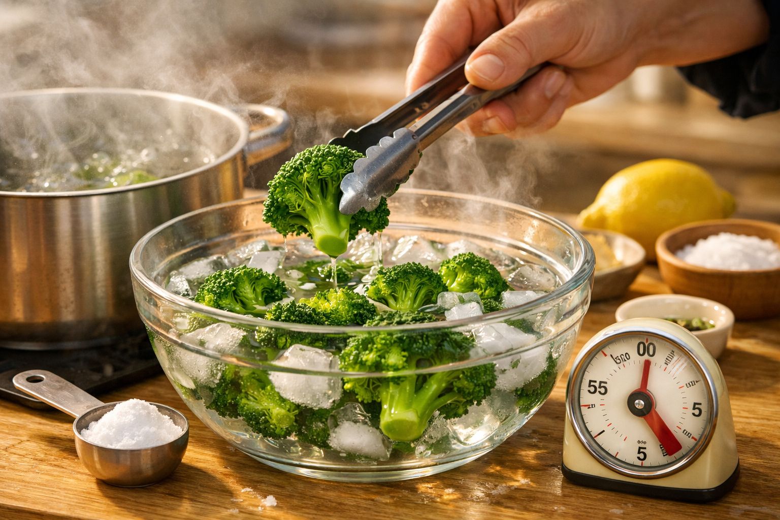 Pessoa a escaldar brócolos com água e gelo. Utensílios e cronómetro visíveis sobre a mesa.