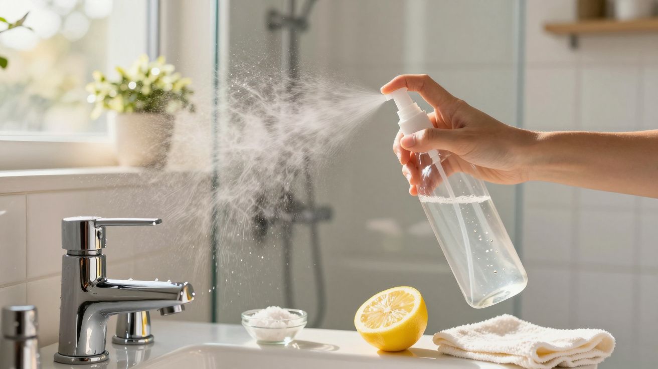 Mão pulveriza spray de limpeza sobre lavatório com limão cortado e toalha ao lado.