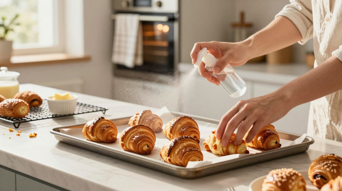 Pessoa pulveriza água sobre croissants dourados numa cozinha clara.