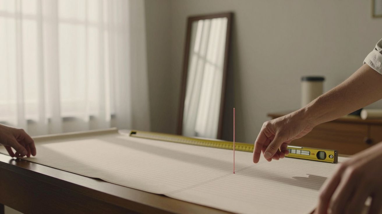 Mãos medindo papel em cima de uma mesa com uma fita métrica, ao lado de uma janela e espelho.