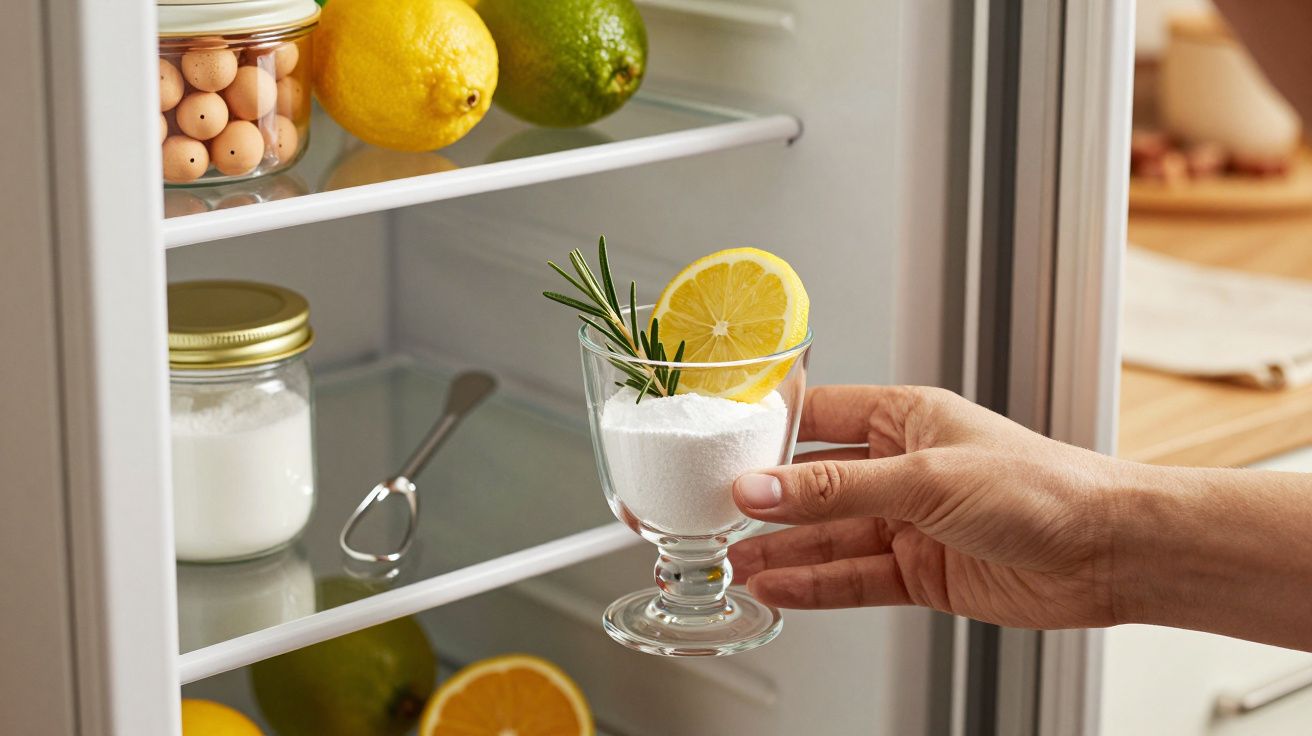 Mão segurando copo com sal, fatia de limão e alecrim em frente a um frigorífico com citrinos e frasco de vidro.