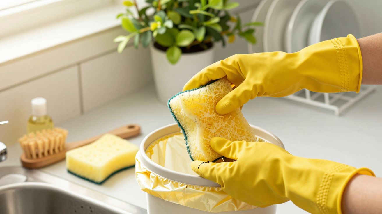 Mãos com luvas amarelas descartam uma esponja numa cozinha com luz natural, plantas e utensílios ao fundo.