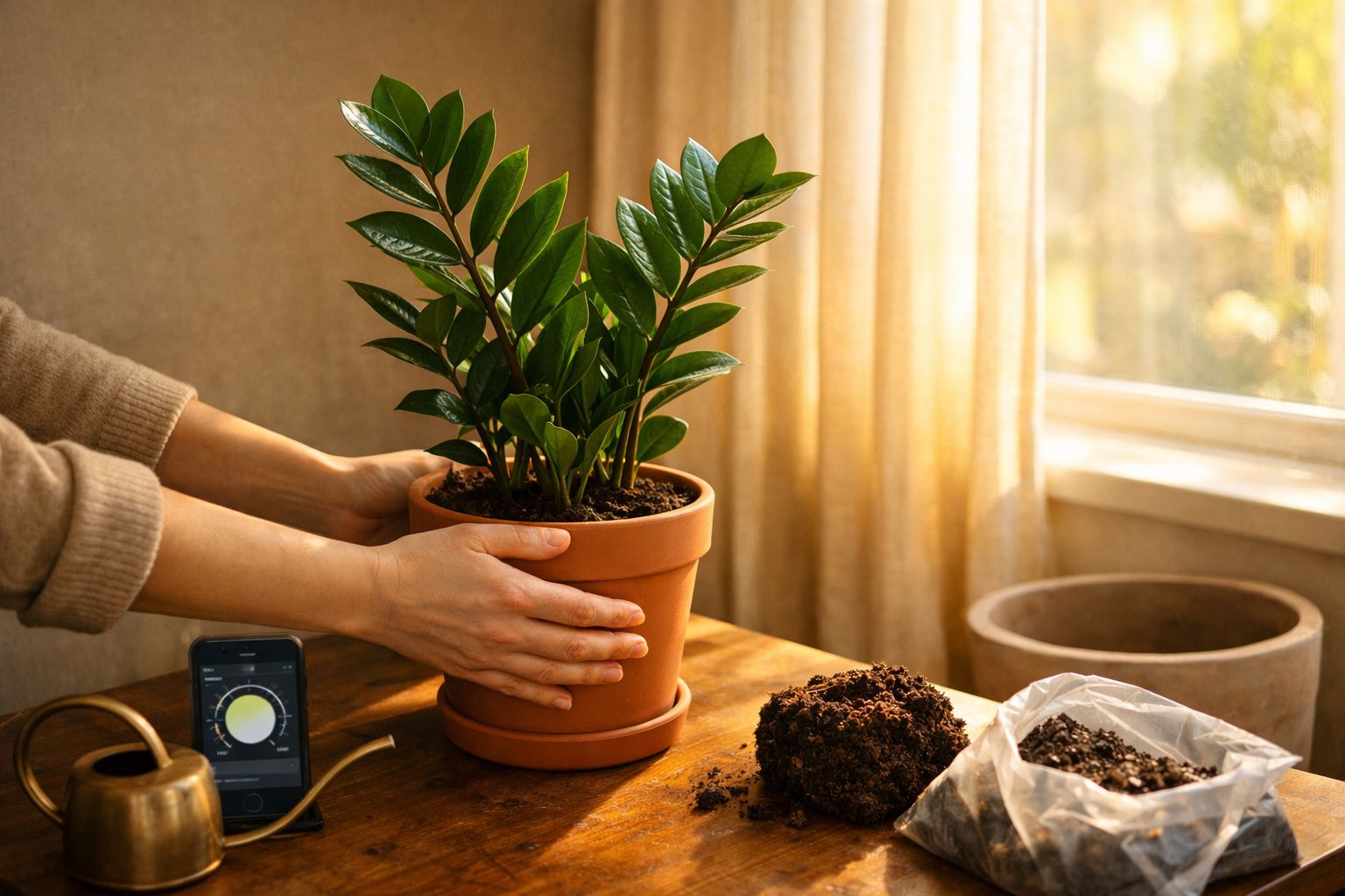 Pessoa ajusta vaso de planta sobre mesa de madeira, com luz natural entrando pela janela ao fundo.