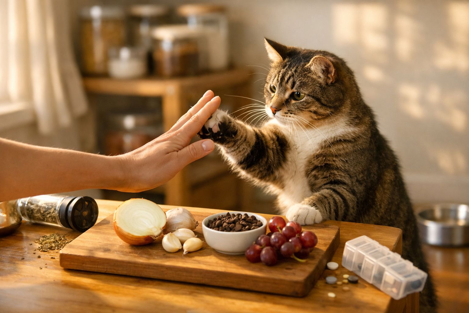 Gato curioso tenta pegar comida de um prato ao lado de um frasco de xilitol numa cozinha.