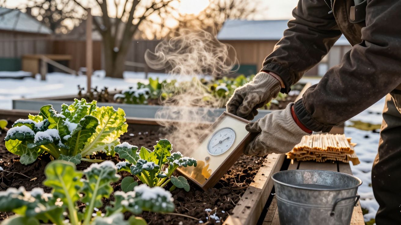 Pessoa mede a temperatura de plantas cobertas de neve num jardim, com termómetro de madeira. Balde de metal ao lado.