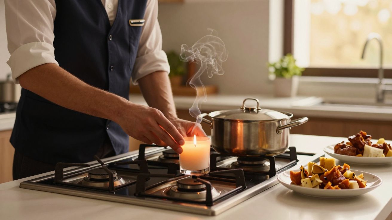 Homem apaga vela em frente a fogão com panela e pratos de comida ao lado, numa cozinha moderna e bem iluminada.