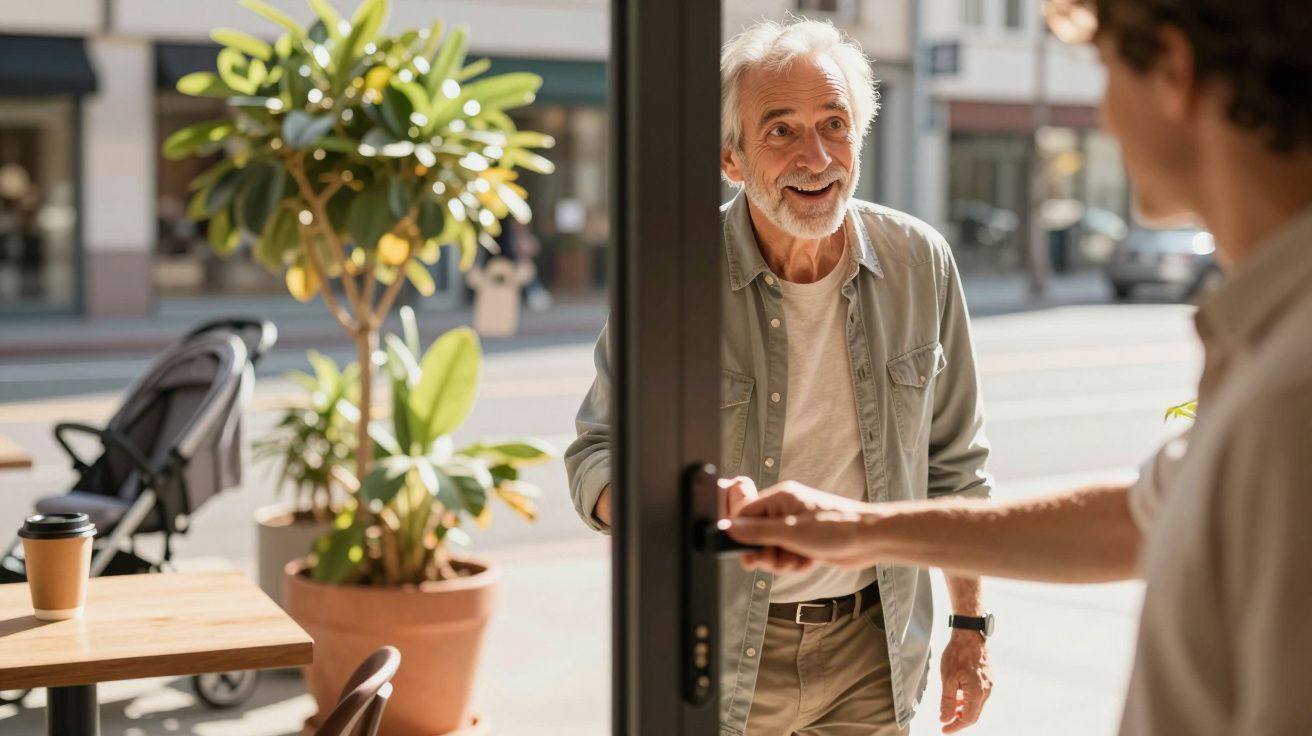 Homem idoso sorridente aproxima-se de uma porta aberta por outra pessoa, num espaço com plantas e uma cadeira de bebé.