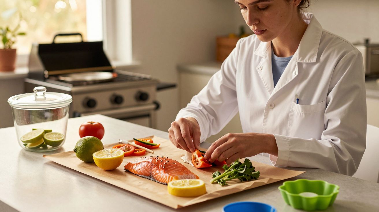 Mulher de bata branca prepara salmão e legumes numa cozinha iluminada.