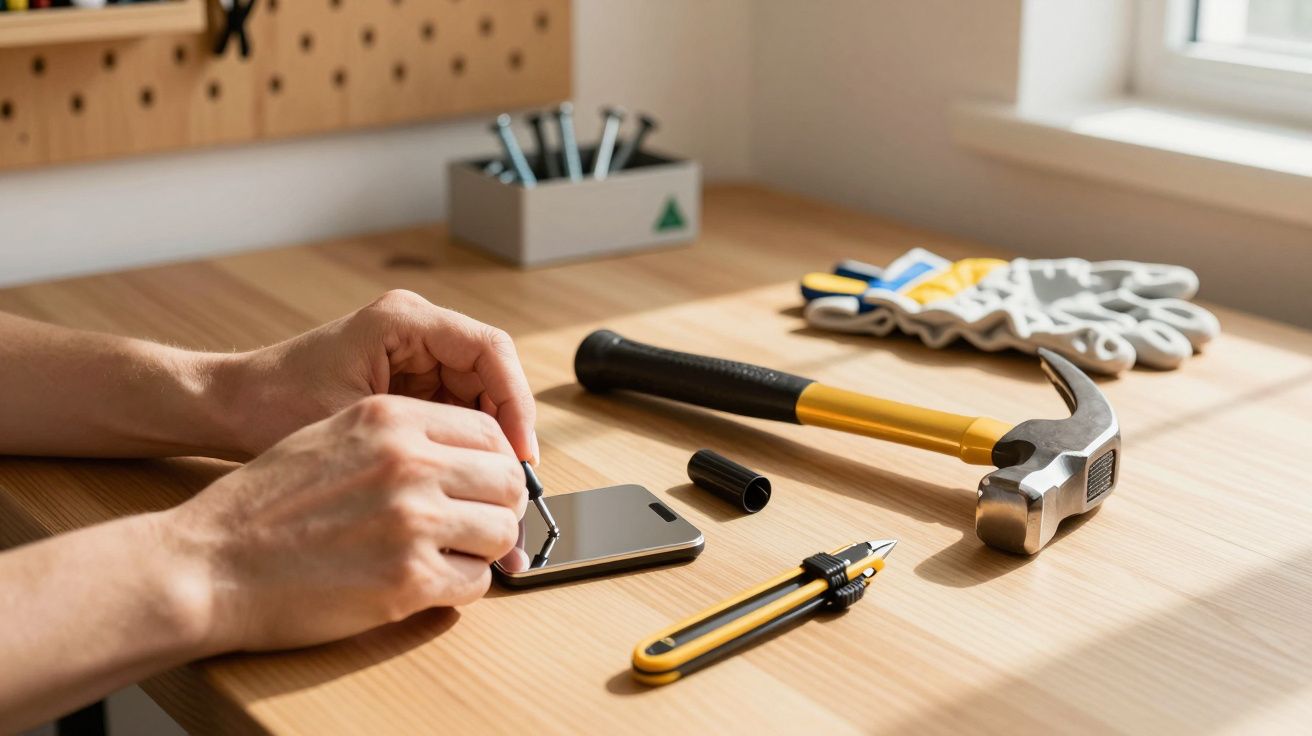 Mãos seguram uma chave de fenda sobre um smartphone, numa mesa com ferramentas, luvas e luz natural ao fundo.