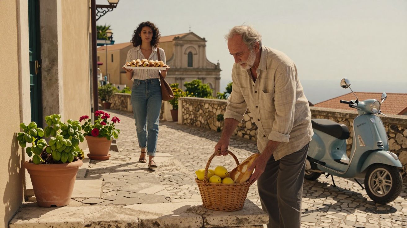 Homem coloca limões numa cesta numa rua ensolarada, enquanto uma mulher carrega um prato de doces.
