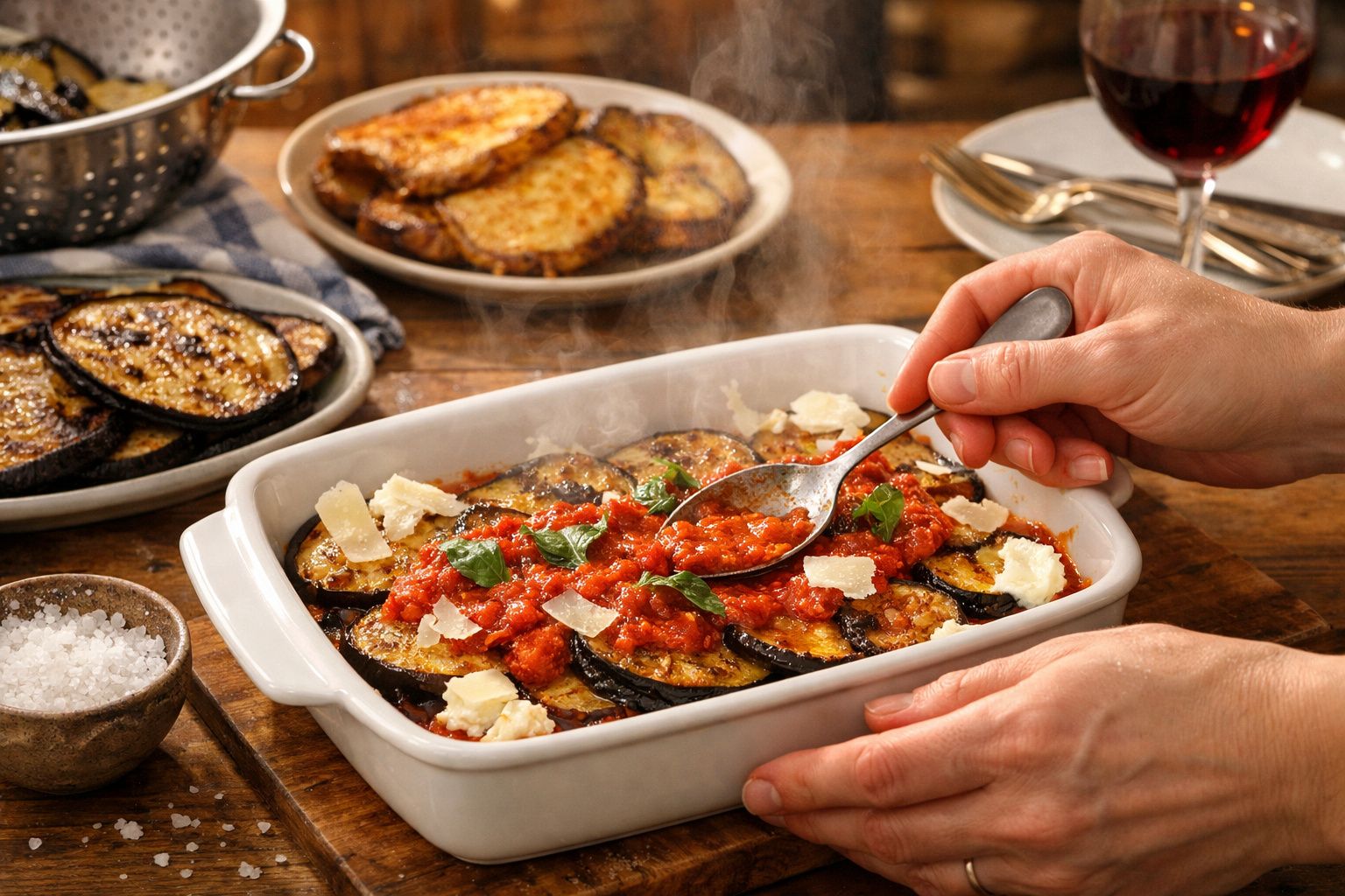 Mãos acrescentando molho de tomate a um prato de berinjelas gratinadas, com queijo e manjericão.