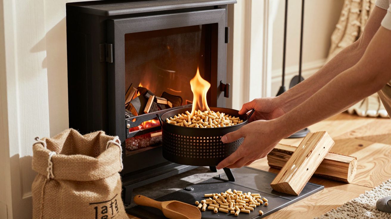 Pessoa acendendo lareira com pellets de madeira, saco e lenha ao lado.