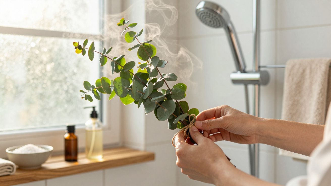 Pessoa segurando ramos de eucalipto com vapor numa casa de banho moderna, frascos e toalha ao fundo.