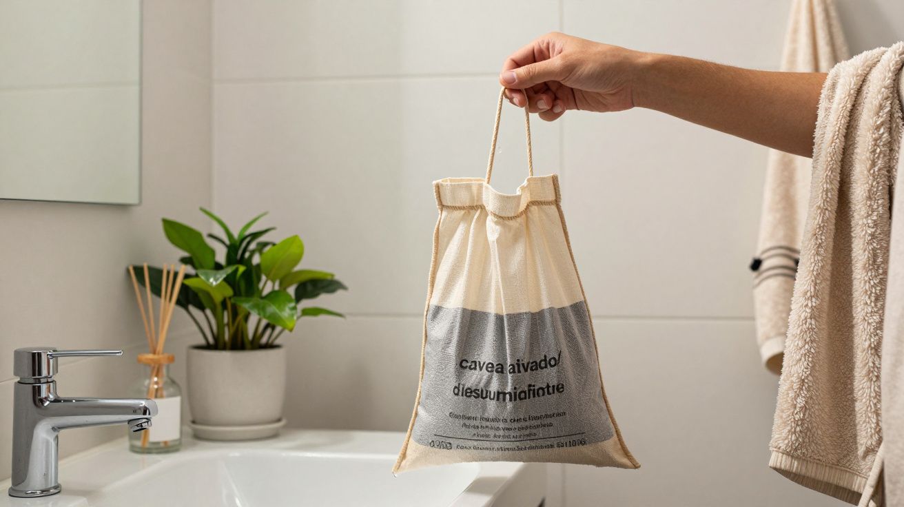 Mão segurando saco de tecido pendurado num banheiro com pia branca, planta verde e toalhas ao fundo.