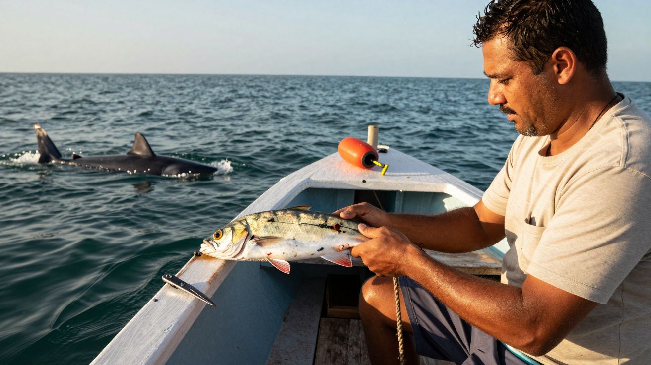 Homem num barco segurando um peixe, com um tubarão a nadar próximo na água.