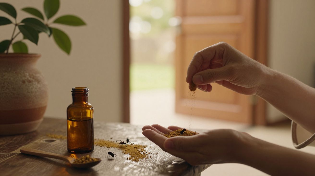 Mão a segurar pólen num tabuleiro de madeira com frasco âmbar e planta ao fundo.