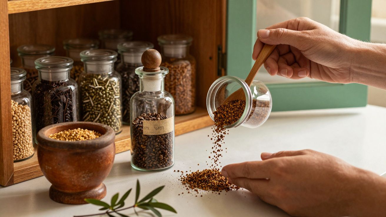 Mãos despejando sementes numa mesa, ao lado de frascos de vidro com especiarias.
