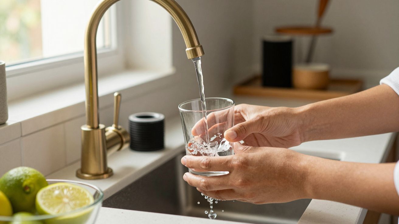 Pessoa a encher um copo de água da torneira em cima de uma pia de cozinha; limões à esquerda e utensílios ao fundo.