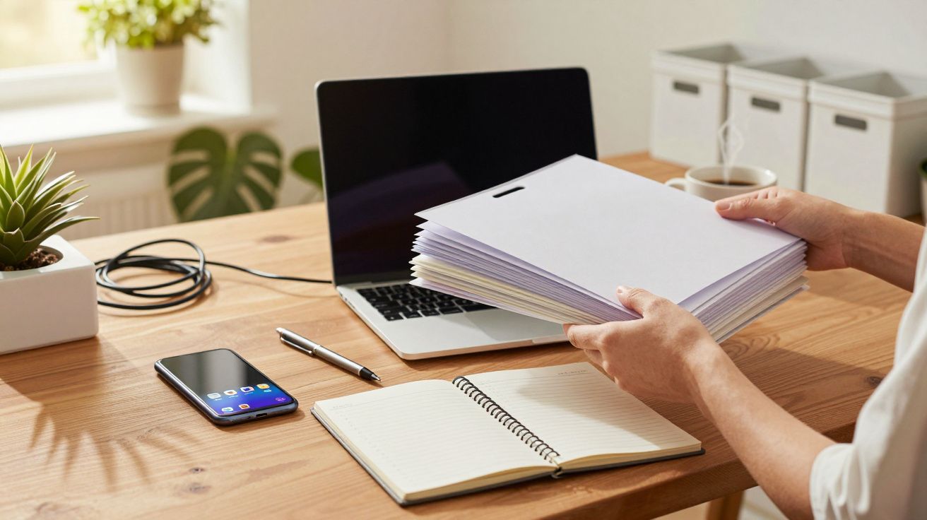 Pessoa organiza papéis numa secretária com portátil, caderno, smartphone e planta.