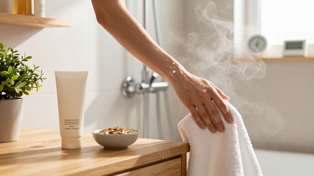 Mão a tocar toalha a vapor num banheiro, com planta, creme e tigela sobre bancada de madeira.