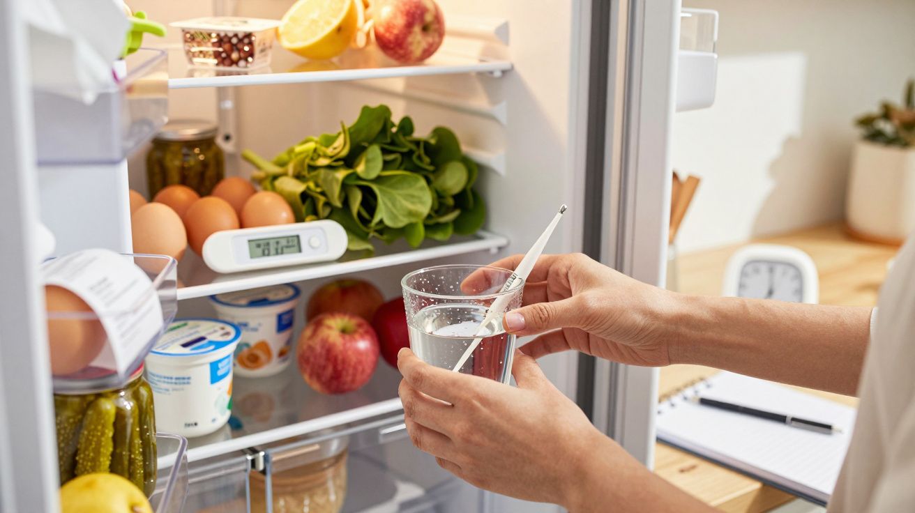 Pessoa segura copo com colher em frente a frigorífico aberto, cheio de alimentos frescos e um termómetro.