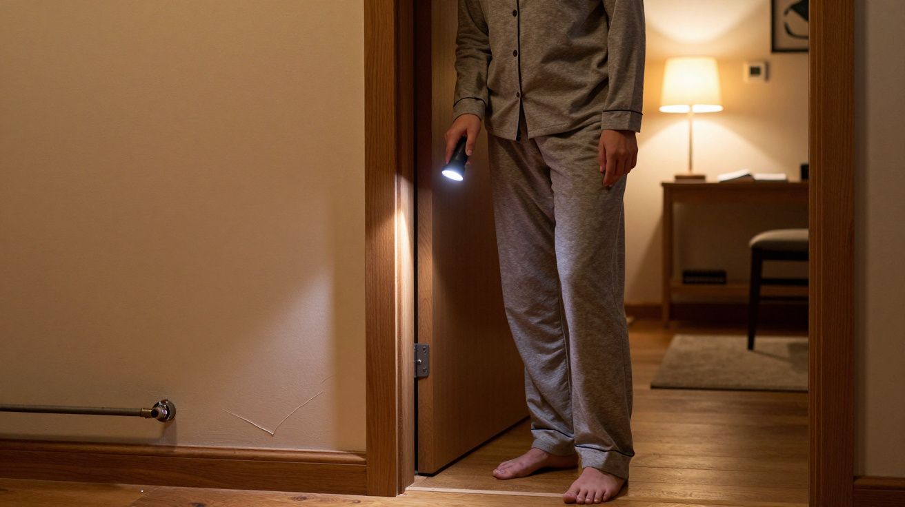 Pessoa de pijama com lanterna numa porta semiaberta, interior da casa iluminado pela luz de um candeeiro ao fundo.