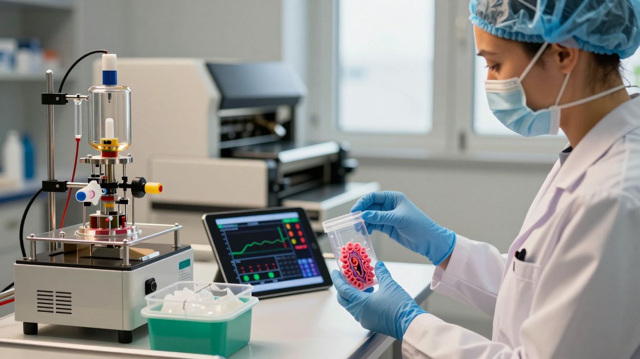 Cientista em laboratório analisa amostra em pote, rodeada por equipamento de pesquisa e tablet com gráfico colorido.