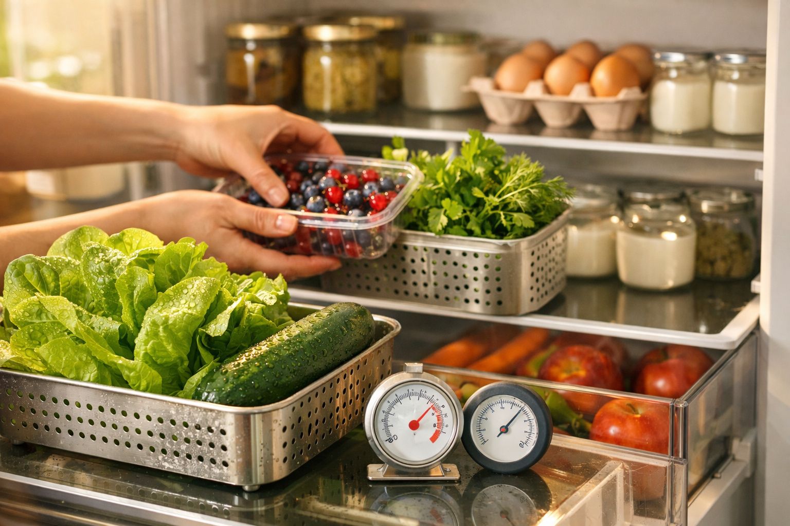 Mãos colocando morangos num tabuleiro de frigorífico com alface e um dispositivo pequeno em cima na prateleira.
