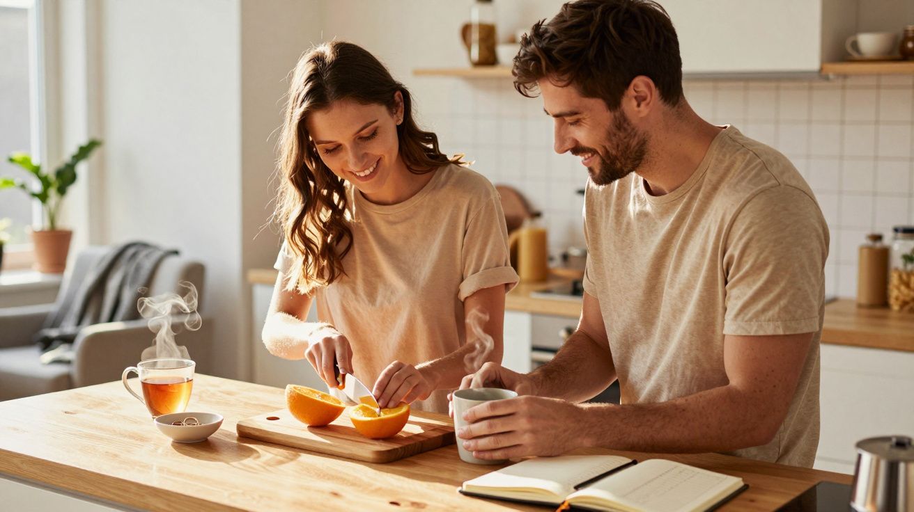 Casal a preparar laranjas numa cozinha iluminada, com chá fumegante na bancada.