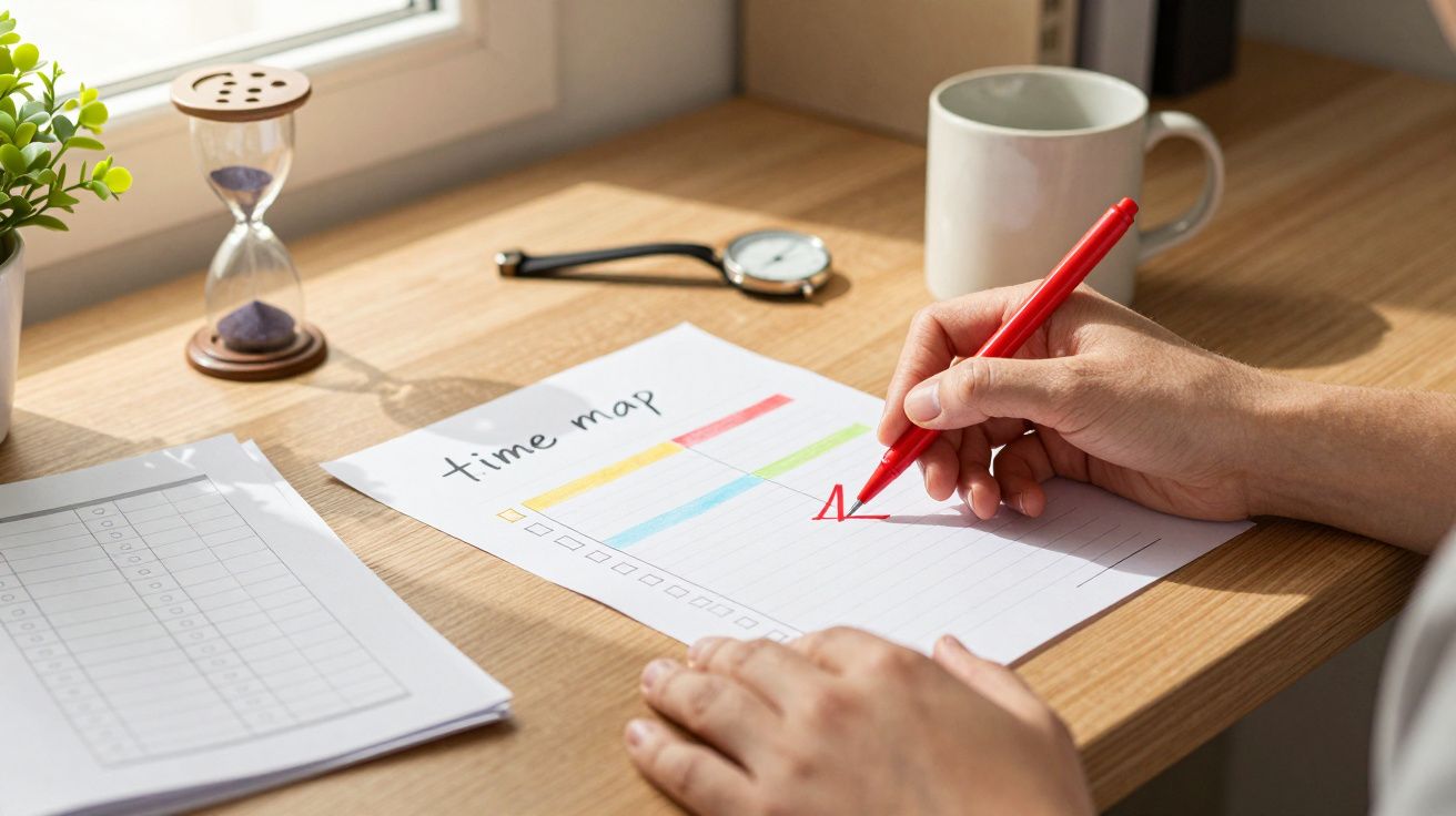 Mão a escrever num horário colorido com caneta vermelha, ao lado de uma ampulheta, óculos, chávena e papéis.