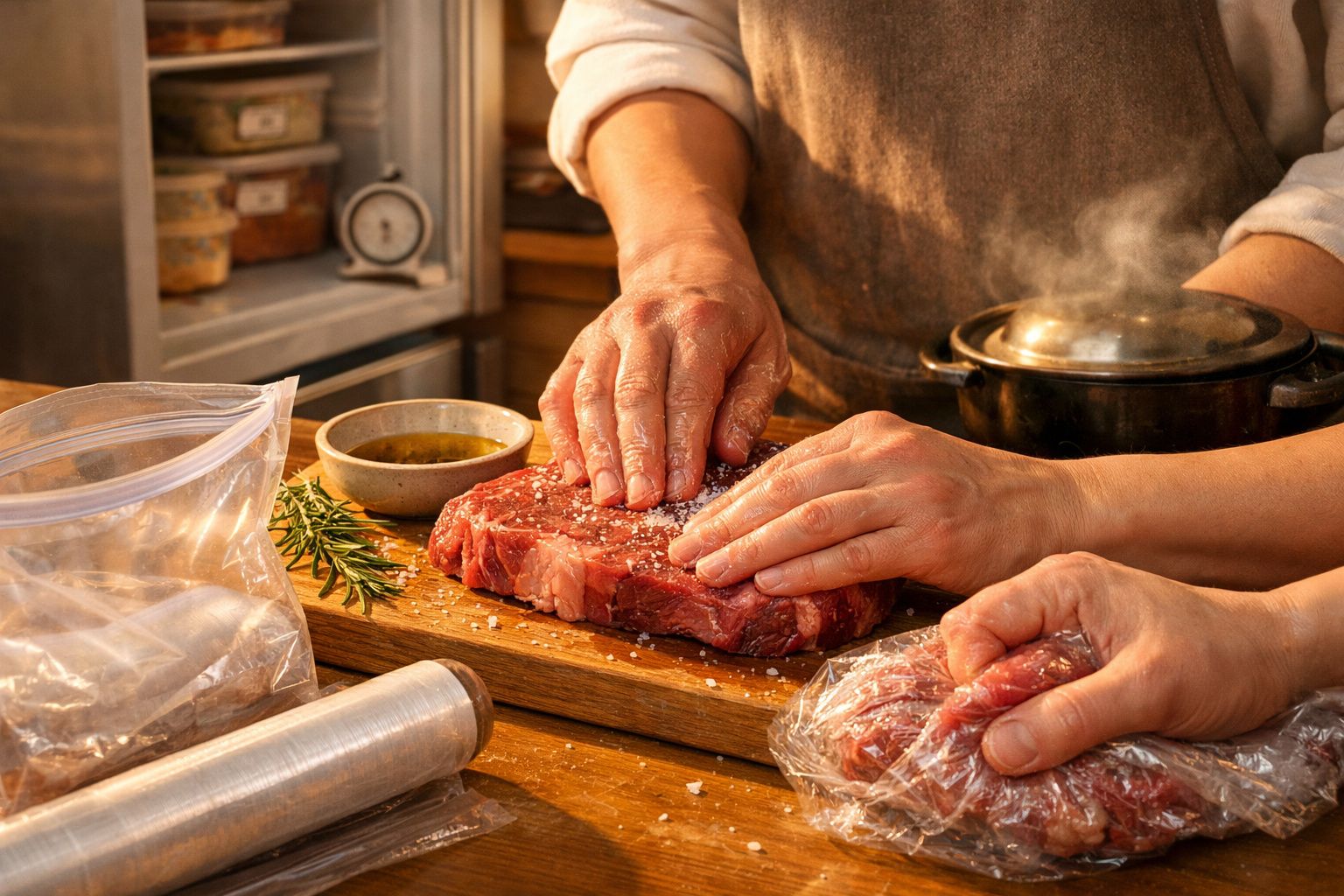 Pessoa a selar um saco plástico com bifes frescos em cima de uma tábua de cozinha, com sal e faca ao lado.