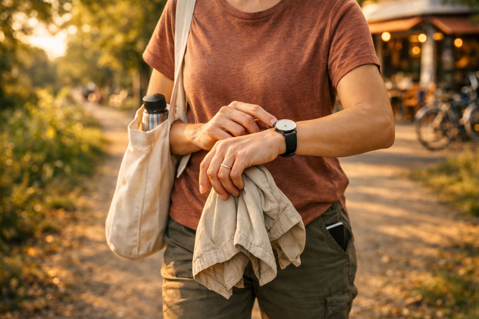 Mulher em parque ensolarado segura garrafa de água e olha para smartwatch.