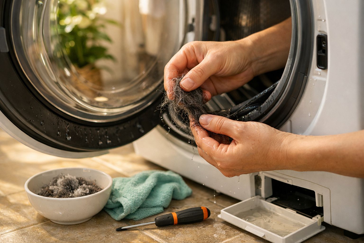 Mãos limpam a porta de uma máquina de lavar roupa, com acessórios de limpeza ao lado.