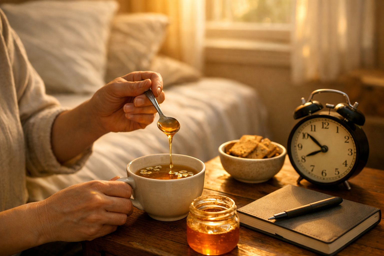 Pessoa a adicionar mel numa chávena de chá, com bolachas, caderno e despertador sobre a mesa.