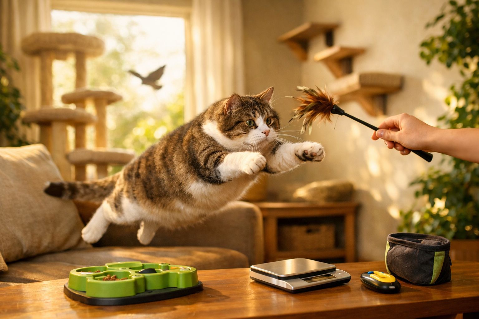 Gato peludo a saltar em direção a um brinquedo numa sala iluminada, com comedouro e móveis para gatos ao fundo.