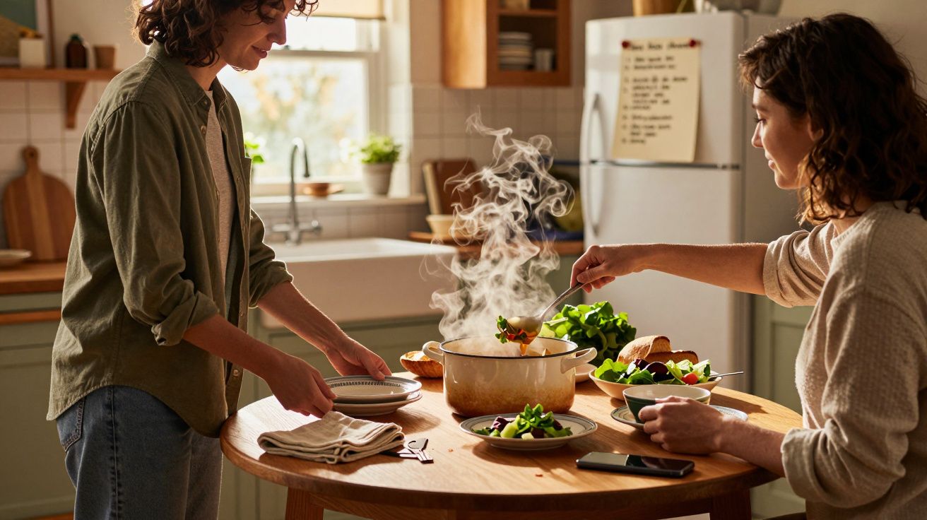 Duas pessoas preparam uma refeição numa cozinha, com um tacho fumegante e saladas sobre a mesa redonda de madeira.