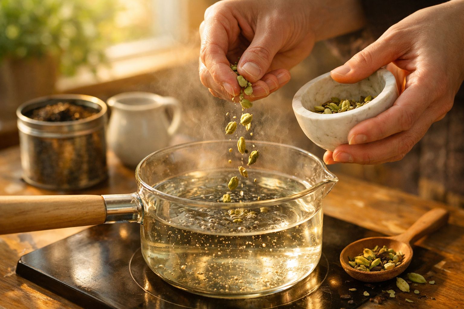 Mãos adicionam cardamomo a água fervente numa panela de vidro sobre um fogão, com especiarias ao fundo.
