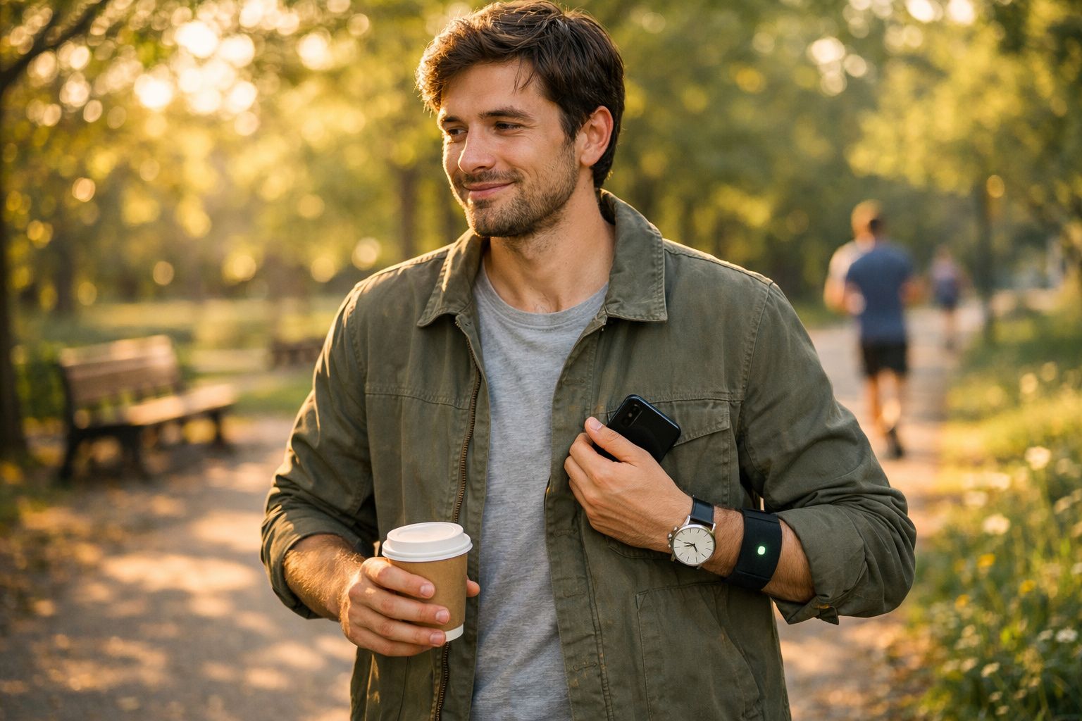 Homem a caminhar num parque, segurando um copo de café e um telemóvel, vestido com casaco verde e t-shirt cinzenta.