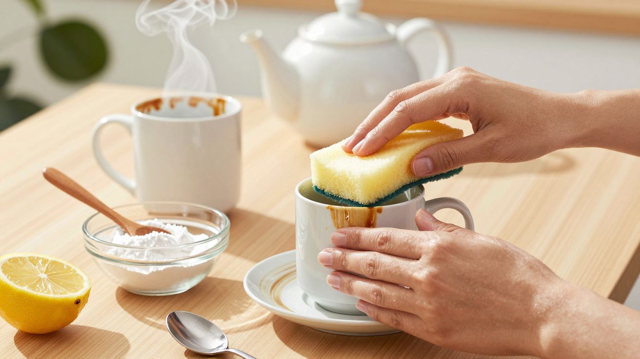 Mãos limpando uma chávena com uma esponja, chávena suja ao lado, limão e tigela com pó branco na mesa de madeira.
