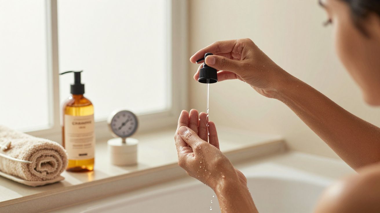 Pessoa aplica sabonete líquido nas mãos em casa de banho, com toalha e frasco ao fundo.
