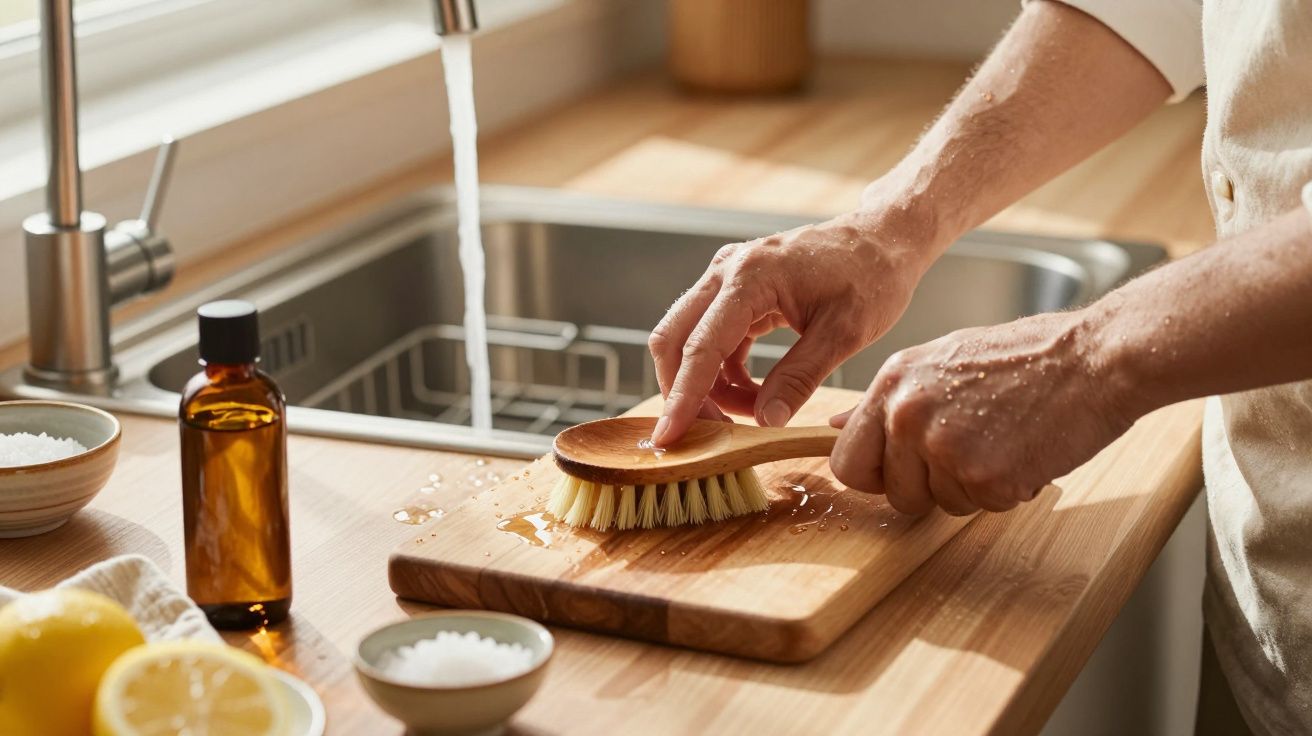 Pessoa a lavar tábua de madeira com escova na cozinha, ao lado da pia e ingredientes como limões e garrafa de óleo.