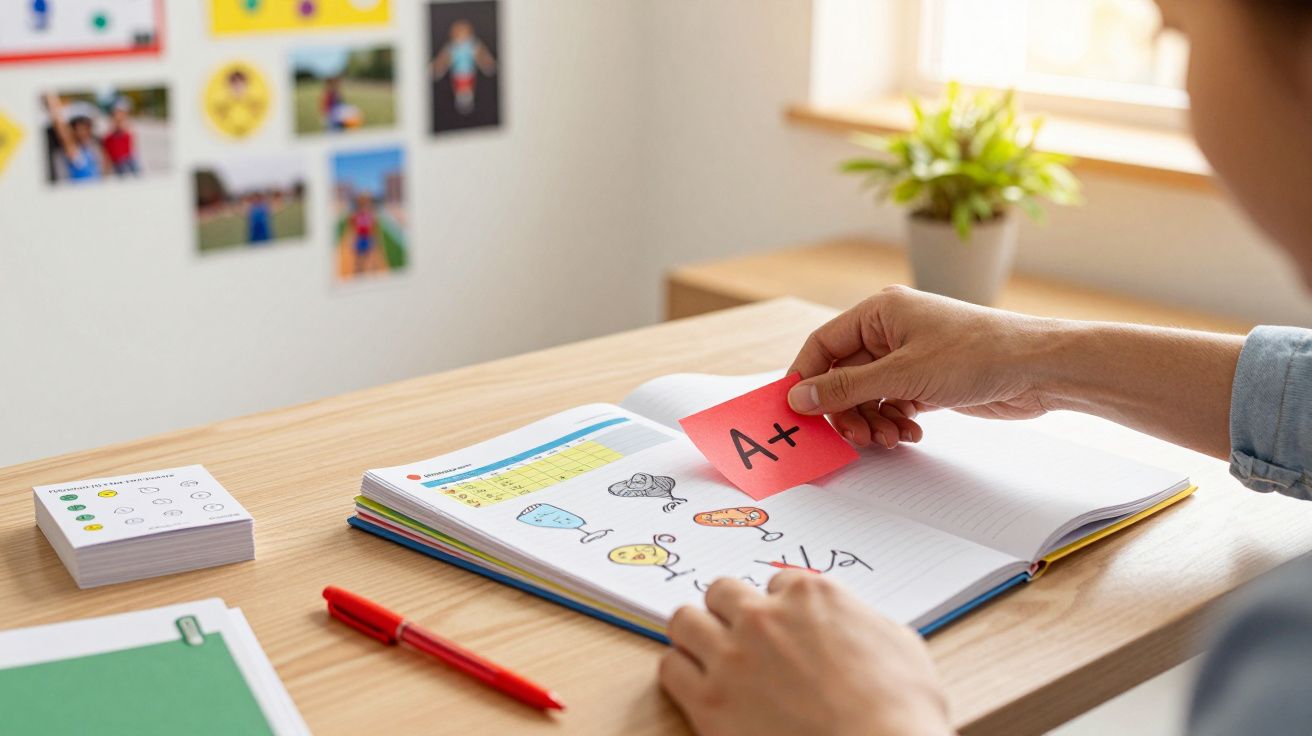Pessoa segura papel com "A+" sobre caderno de desenhos numa mesa, ao lado de uma caneta vermelha.