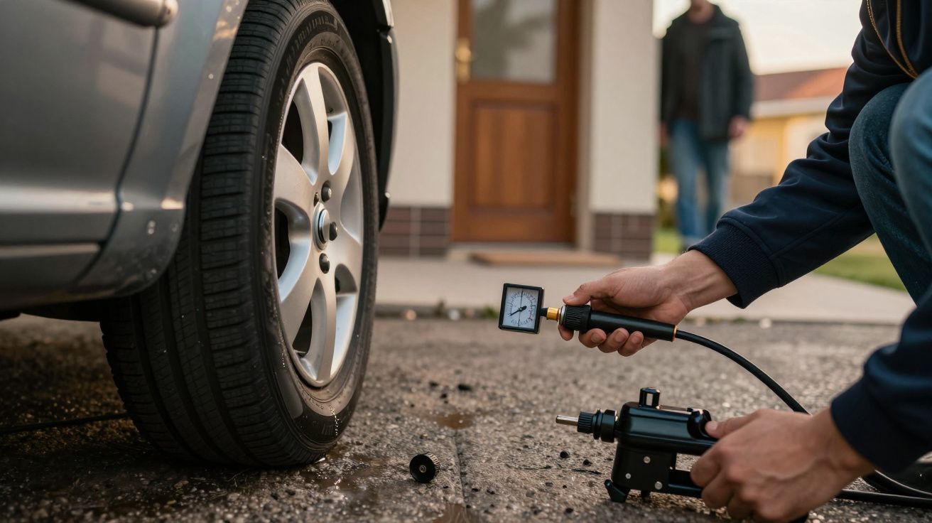 Pessoa a verificar pressão do pneu de um carro com um medidor de pressão.
