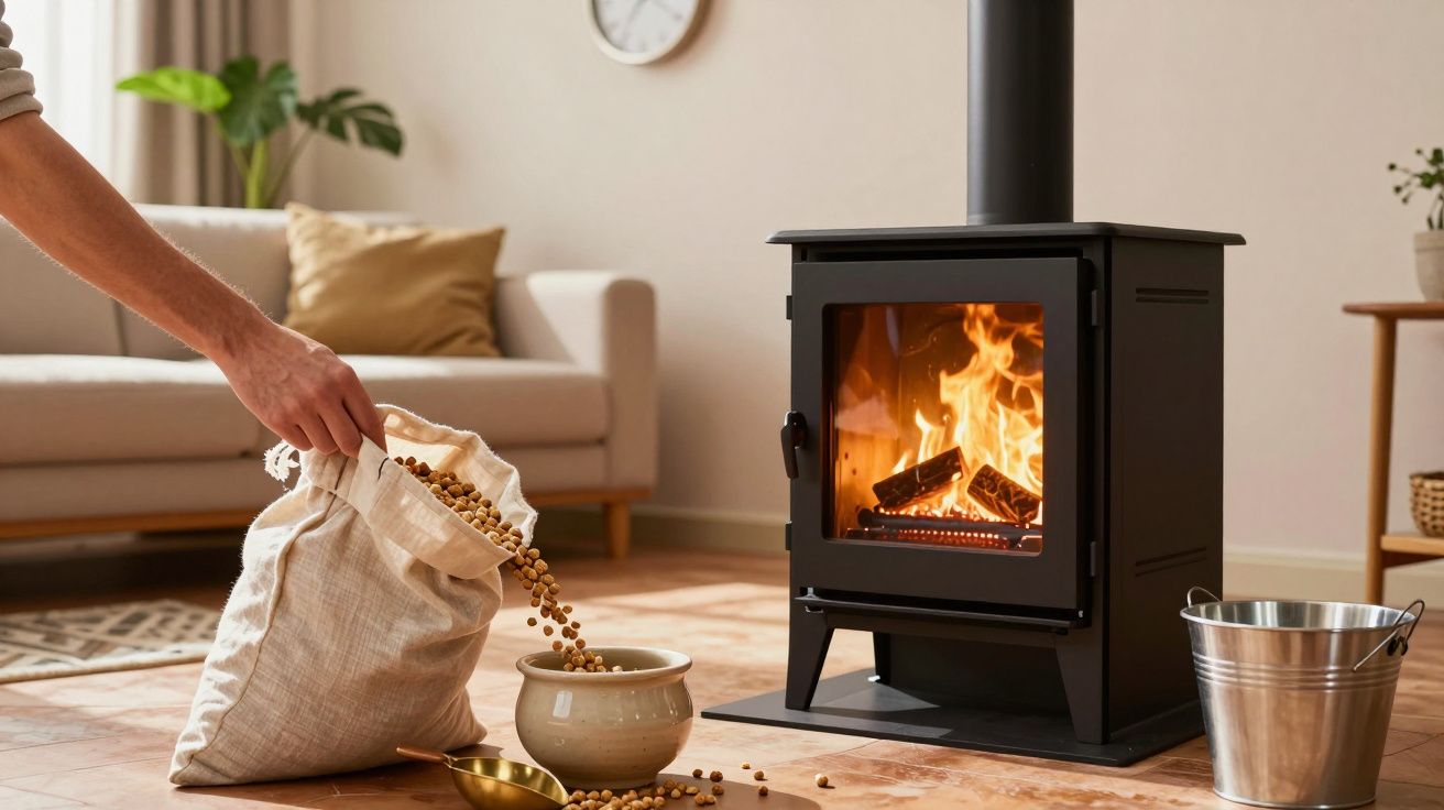 Pessoa despeja pellets de madeira em tigela ao lado de lareira acesa numa sala de estar acolhedora.
