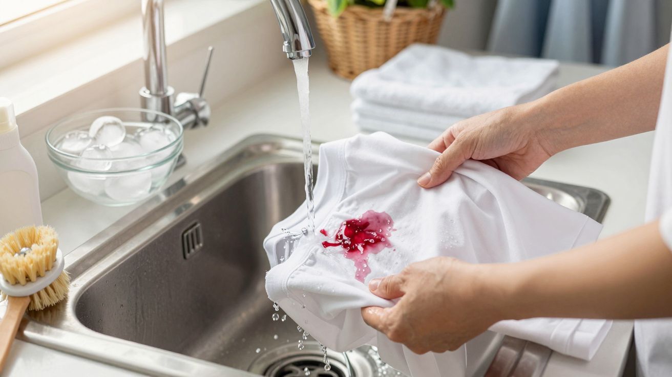 Pessoa lavando uma t-shirt branca com uma mancha vermelha sob uma torneira de cozinha.